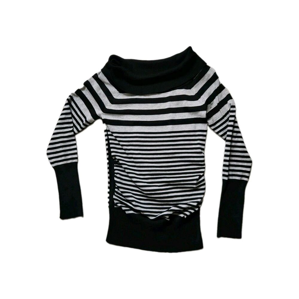 VTG Bongo Y2K Fitted Cowl Neck Sweater Black Gray Striped Long Sleeve Sz L EUC